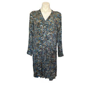 Garnet Hill Dress Blue Paisley Buttons Down Front Large‎ Pockets Long Sleeve Med